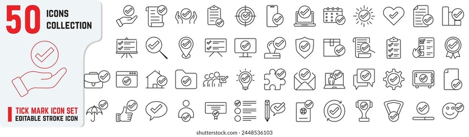 Set of Approval editable stroke icons also includes inspector, stamp, checklist, approved, signature, quality, conversation,  certificate, achievement and more. Tick Mark thin icons 50+ collections