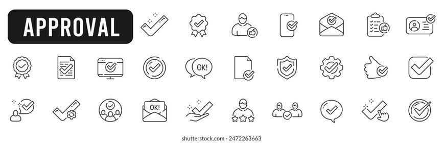 Set of approval related line icons. Accept, confirm, checkmark, ok etc. Editable stroke