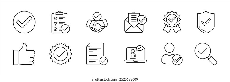 Conjunto de ícono de línea delgada de Aprobación que contiene Acuerdos, confirmación, certificación, thumps up, validación, documento, aceptar, ícono de lista de comprobación. Ilustración vectorial