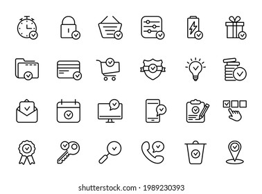 Set of Approve Line Icons. Check Marks, Ticks Linear Pictogram. Contains such Icons as Check List, Test, Award, Quality Control. Thin Line Design. Editable stroke. Vector illustration.