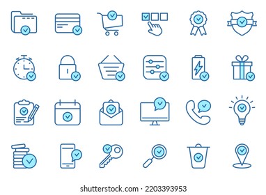 Conjunto de iconos de la línea de aprobación. Marcas, Ticks Pictograma lineal. Contiene iconos como Lista de comprobación, Prueba, Premio, Control de calidad. Diseño delgado de línea. Trazo editable. Ilustración de vectores aislados.