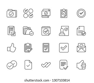 Set of Approve Related Vector Line Icons. Includes such Icons as Consent, certified, approved, tick, stamp, stamp, documents, accepted, excellent and more. - vector