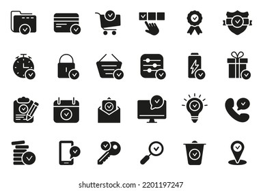 Set of Approve Silhouette Icons. Check Marks, Ticks Black Pictogram. Contains such Icons as Check List, Test, Award, Quality Control. Isolated Vector illustration.