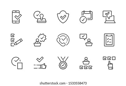 Set Approve Vector Line Icons. Contains such Icons as Quality Check, Protection Guarantee, Accepted Document and more. Editable Stroke. 32x32 Pixels