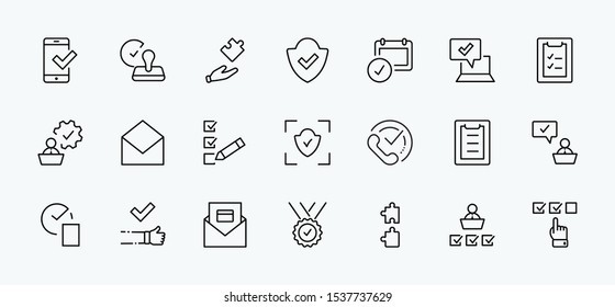 Set Approve Vector Line Icons. Contains such Icons as Quality Check, Protection Guarantee, Accepted Document and more. Editable Stroke. 32x32 Pixels