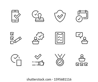 Set Approve Vector Line Icons. Contains such Icons as Quality Check, Protection Guarantee, Accepted Document and more. Editable Stroke. 32x32 Pixels