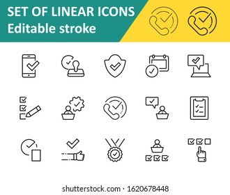 Set Approve Vector Line Icons. Contains such Icons as Quality Check, Protection Guarantee, Accepted Document and more. Editable Stroke. 32x32 Pixels
