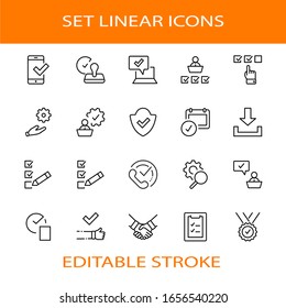 Set Approve Vector Line Icons. Contains such Icons as Quality Check, Protection Guarantee, Accepted Document and more. Editable Stroke. 32x32 Pixels