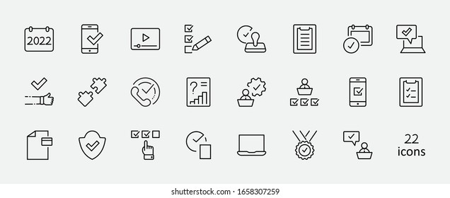 Set Approve Vector Line Icons. Contains such Icons as Quality Check, Protection Guarantee, Accepted Document and more. Editable Stroke. 32x32 Pixels