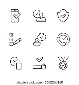 Establezca Aprobar Iconos De Línea De Vector. Contiene iconos como Comprobación de calidad, Garantía de protección, Documento aceptado y más. Trazo editable. 32 x 32 píxeles