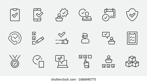 Establezca Aprobar Iconos De Línea De Vector. Contiene iconos como Comprobación de calidad, Garantía de protección, Documento aceptado y más. Trazo editable. 32 x 32 píxeles