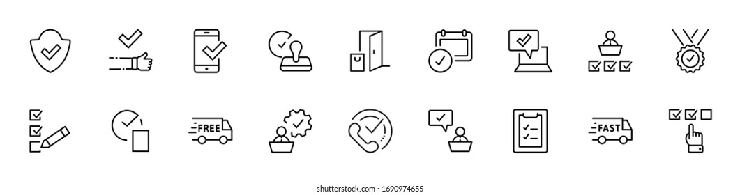 Establezca Aprobar Iconos De Línea De Vector. Contiene iconos como Comprobación de calidad, Garantía de protección, Documento aceptado y más. Trazo editable. 32 x 32 píxeles
