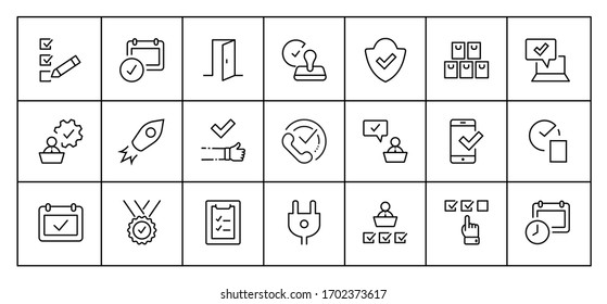 Set Approve Vector Line Icons. Contains such Icons as Quality Check, Protection Guarantee, Accepted Document and more. Editable Stroke. 32x32 Pixels