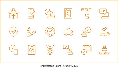 Set Approve Vector Line Icons. Contains such Icons as Quality Check, Protection Guarantee, Accepted Document and more. Editable Stroke. 32x32 Pixels