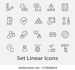 Set Approve Vector Line Icons. Contains such Icons as Quality Check, Protection Guarantee, Accepted Document and more. Editable Stroke. 32x32 Pixels