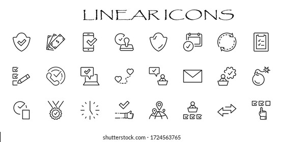 Set Approve Vector Line Icons. Contains such Icons as Quality Check, Protection Guarantee, Accepted Document and more. Editable Stroke. 32x32 Pixels