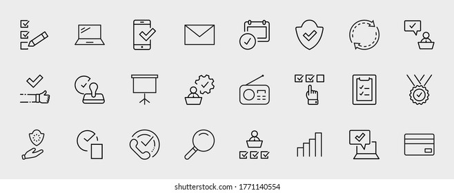 Festlegen von Symbolen für Vektorgrafiken. Enthält Symbole wie Qualitätsprüfung, Schutzgarantie, akzeptiertes Dokument und mehr. Bearbeitbarer Stroke. 32 x 32 Pixel