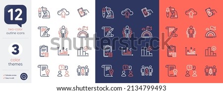 Set of Approved agreement, Cloud upload and Teamwork questions line icons. Include Partnership, Microscope, Group icons. Pay money, Agreement document, Lgbt web elements. Bicolor outline icon. Vector