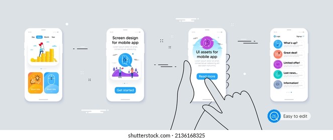 Set of Approved agreement, Idea and Smile face line icons. Phone ui interface. Include Approved, Targeting, Like app icons. Engineering documentation, Refresh like, Computer mouse web elements. Vector