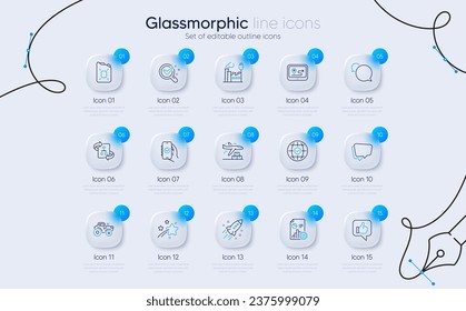 Set of Approved app, Chemistry lab and Technical algorithm line icons for web app. Factory, Report, Like icons. Speech bubble, Tractor, Delivery plane signs. Messenger, Global insurance. Vector