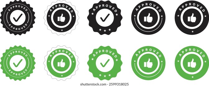 Set of approved black and green circle rubber seal stamp. Flat vector illustration isolated on white background
