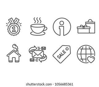 Set of Approved, Cappuccino and Sale ticket icons. E-mail, Gifts and International love signs. Winner badge, Espresso cup, Discount coupon. Communication by letters, Birthday boxes, Internet dating