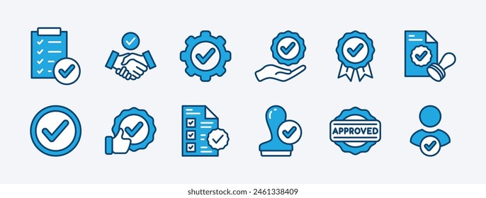 Set of approved and certified icon. Containing validation, quality, agreement, badge medal, licence, checkmark, selection, accept, stamp, thumbs up, decision, document, service, permission vector