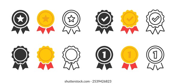 Set of approved or certified medal icons. Approval check symbol. Winning award, prize, medal. Achievement badge. Profile Verification. Quality mark. Vector check mark. Task done. Project completed.