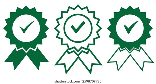 Set of approved or certified medal icons. Approval check symbol. Winning award, prize, medal. Achievement badge. Profile Verification. Quality mark. Vector check mark. Task done. Project completed.