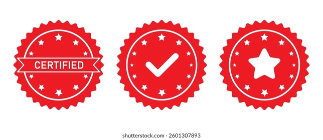 Set of approved or certified medal icons. Approval check signs, verified, quality symbol. Certified, qualified, the best, check mark and number one. Vector. EPS 10.