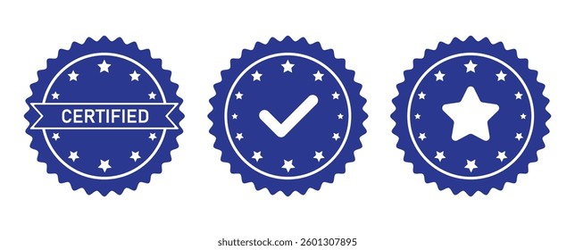 Set of approved or certified medal icons. Approval check signs, verified, quality symbol. Certified, qualified, the best, check mark and number one. Vector. EPS 10.