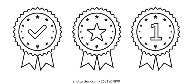Set of approved or certified medal icons. Approval check signs, verified, quality symbol. Certified, qualified, the best, check mark and number one. Vector. EPS 10.