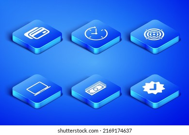 Set Approved and check mark, Credit card, Stacks paper money cash, Laptop, Clock with arrow and Target sport icon. Vector