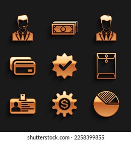 Set Approved and check mark, Gear with dollar symbol, Pie chart infographic, Envelope, Identification badge and Credit card icon. Vector