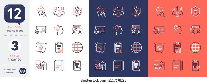 Set of Approved checklist, Inspect and Fake document line icons. Include Shield, Copy documents, Idea icons. Difficult stress, Checklist, Globe web elements. Cogwheel, Report statistics. Vector