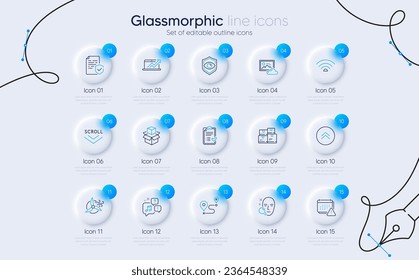 Set of Approved checklist, Photo cloud and Scroll down line icons for web app. Packing boxes, Journey, Certificate icons. Wifi, Swipe up, Wholesale inventory signs. Sales diagram. Vector