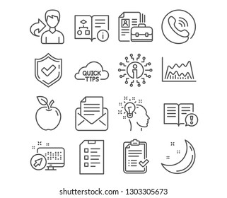 Set of Approved checklist, Trade chart and Facts icons. Checklist, Idea and Vacancy signs. Quick tips, Mail correspondence and Technical algorithm symbols. Vector