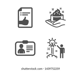 Set of Approved document, Skin care and Id card icons. Creative idea sign. Like symbol, Hand cream, Human document. Startup.  Classic design approved document icon. Flat design. Vector