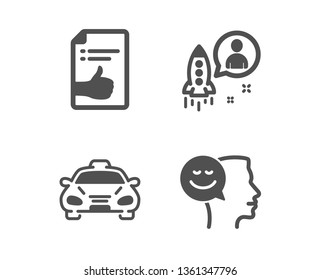 Set of Approved document, Taxi and Startup icons. Good mood sign. Like symbol, Public transportation, Developer. Positive thinking.  Classic design approved document icon. Flat design. Vector