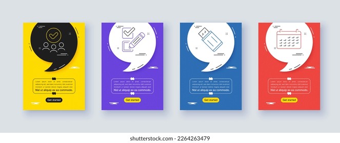 Conjunto de iconos de grupo aprobado, casilla de verificación y línea flash Usb. Cartel de la oferta marco con cita, coma. Incluir iconos de calendario. Para web, aplicación. Trabajo en equipo, elección de encuesta, Memory Stick. Vector