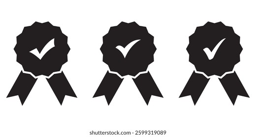Set of approved icons isolated. Certified medal icons in flat design. Vector illustration. 