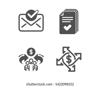 Set of Approved mail, Sharing economy and Handout icons. Payment exchange sign. Confirmed document, Share, Documents example. Money transfer.  Classic design approved mail icon. Flat design. Vector