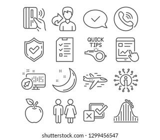 Set of Approved message, Restroom and Tutorials icons. Roller coaster, Contactless payment and Airplane signs. Checkbox, Interview and Internet report symbols. Accepted chat, Wc toilet, Quick tips