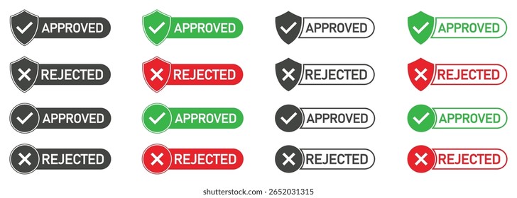 Set of approved and rejected status icons in black, green and red with checkmarks and cross symbols. Ideal for web apps, forms, feedback systems, and business validation use. Vector illustration.