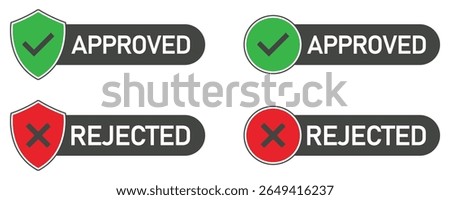 Set of approved and rejected vector labels with shield and circle icons in green and red. Includes bold check and cross symbols for UI, apps, websites, forms, and feedback indicators.