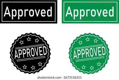 Conjunto de sellos homologados en verde y negro con Formas rectangulares y circulares. Diseño de Vector Abstractas para Aprobación oficial, validación, certificación o Acuerdo.