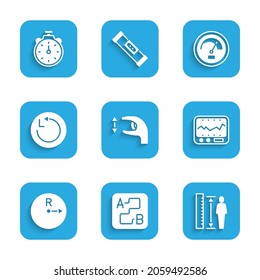 Set Approximate measurements, Route location, Measuring height body, instrument, Radius, Speedometer and Stopwatch icon. Vector