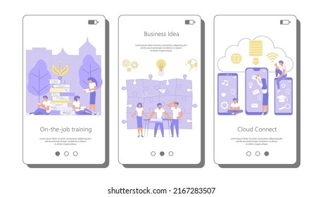 Set of apps with Business development concept. Diverse people discussing business plan, brainstorm startup idea, have a coaching and training