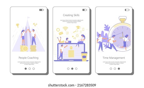 Set of apps with Business development concept. Diverse people discussing business plan, brainstorm startup idea, have a coaching and training