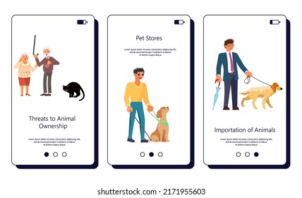 Set of apps with pets life concept. Different situation of owners with their domestic animals. Flat Art Vector Illustration.